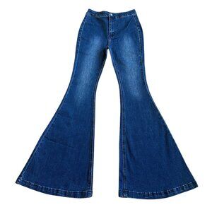 Kancan High Rise Super Wide Flare Jeans Dark Wash Stretchy Cotton Women's NWT